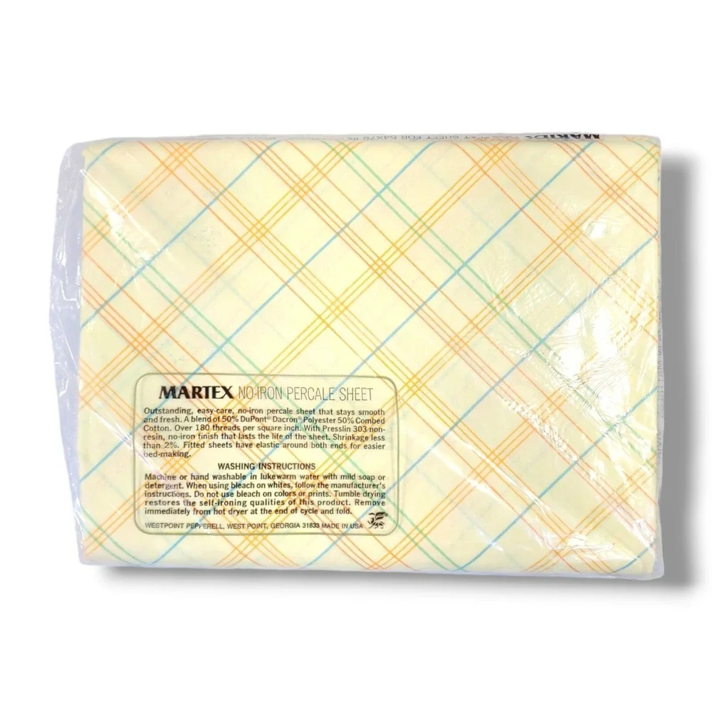 Vintage MARTEX Full Size No-Iron Percale 2-Flat Sheets 1-Pillowcase Yellow Plaid